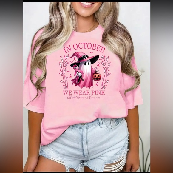 Breast Cancer Awareness “In October We Wear Pink” Cute Halloween Graphic Tee. - Picture 1 of 1
